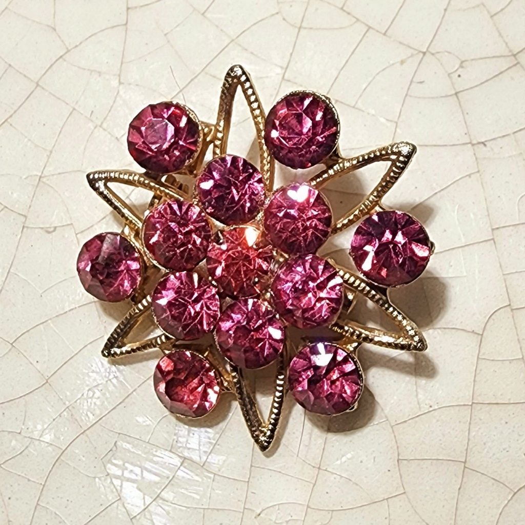 Vintage Deep Pink Fushia Crystal Starburst Brooch Pin #Madmen